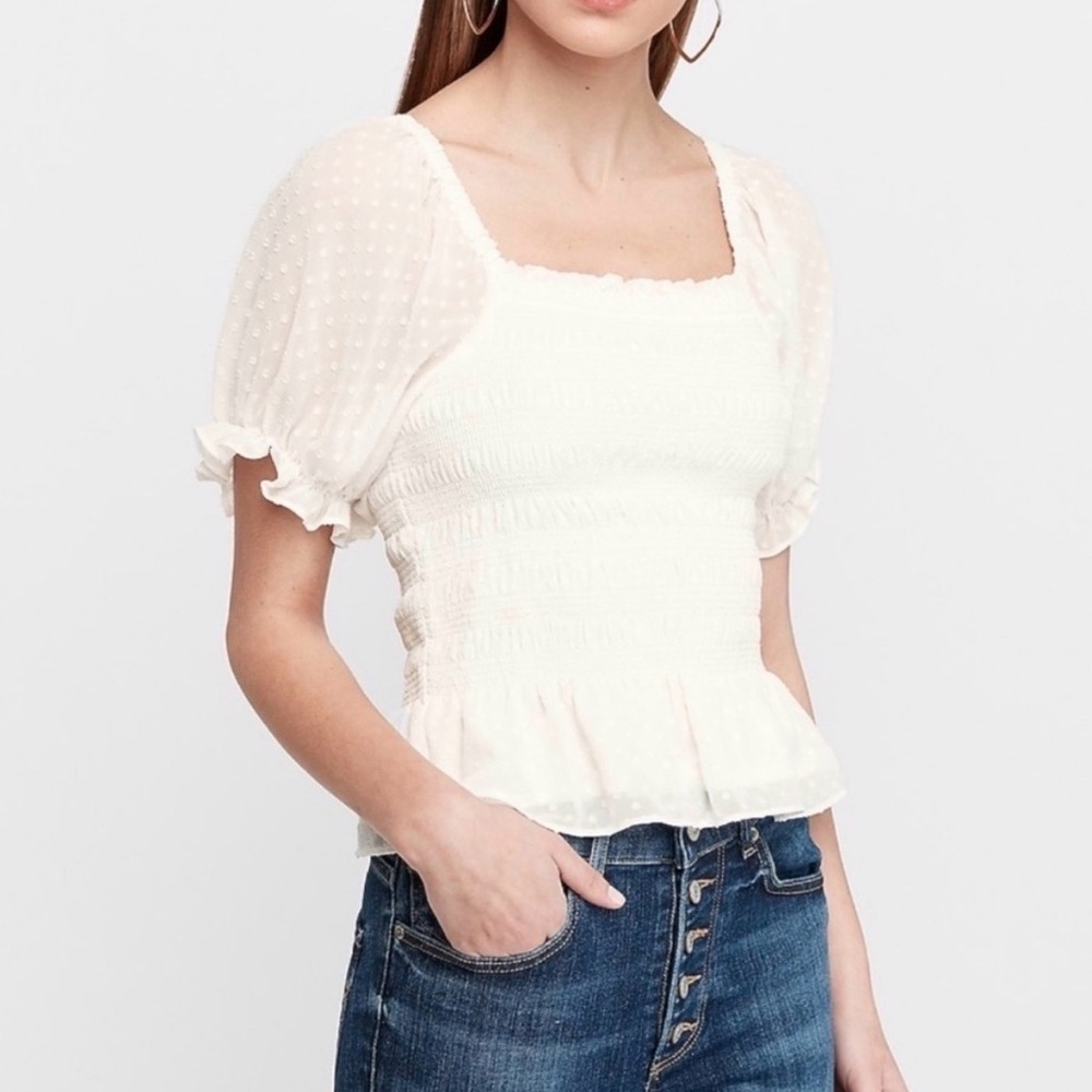 EXPRESS white smocked puff sleeve peplum top size XS boho festival Swiss dot